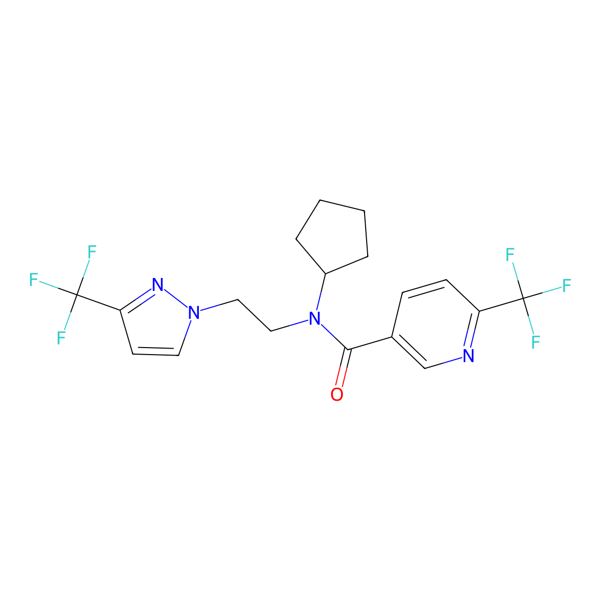 N-cyclopentyl-6-(trifluoromethyl)-N-(2-(3-(trifluoromethyl)-1H-pyrazol-1-yl)ethyl)nicotinamide molecular structure, CAS 2034379-21-8