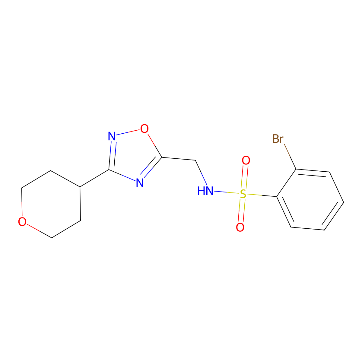 2-bromo-N-((3-(tetrahydro-2H-pyran-4-yl)-1,2,4-oxadiazol-5-yl)methyl)benzenesulfonamide molecular structure, CAS 2034379-36-5