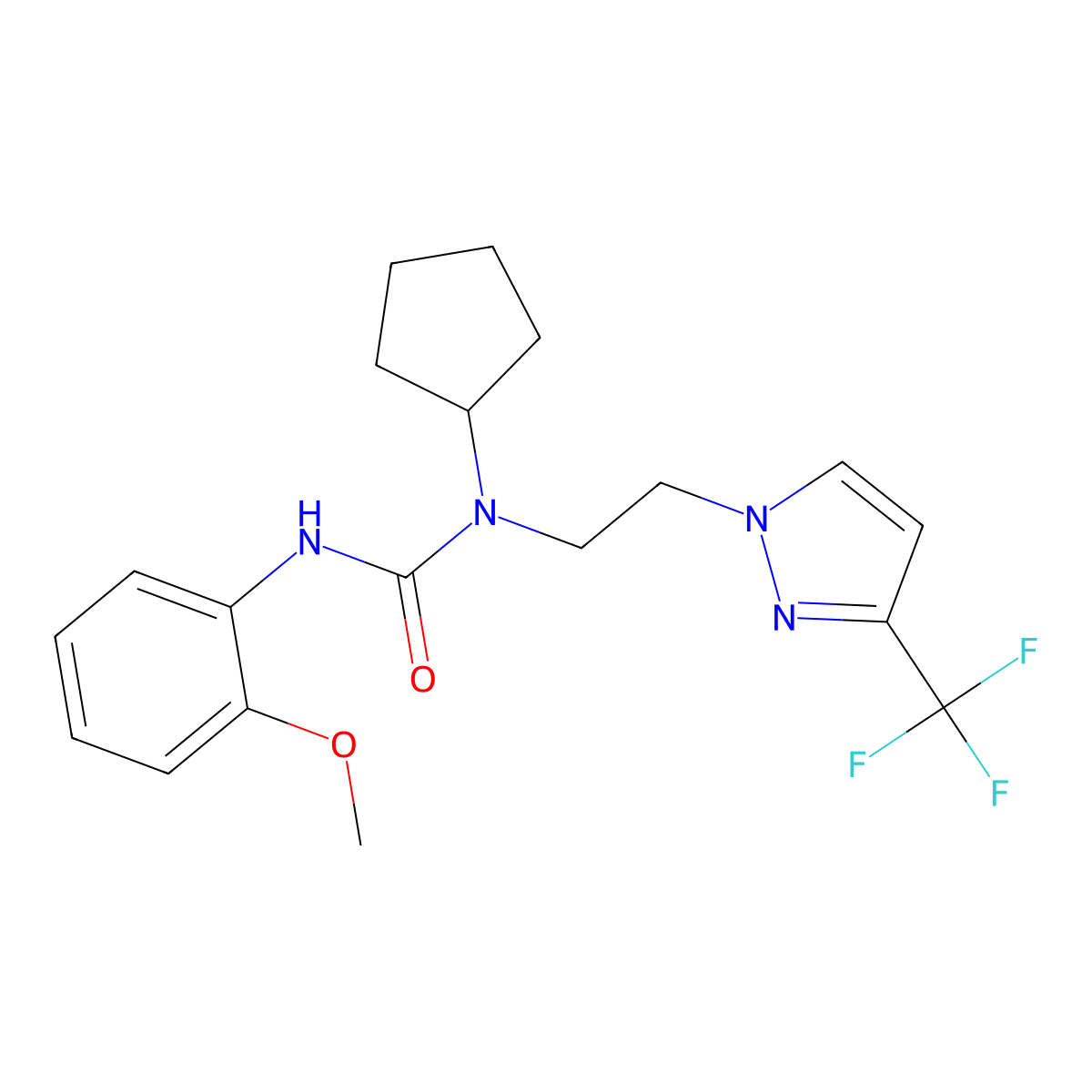 1-cyclopentyl-3-(2-methoxyphenyl)-1-(2-(3-(trifluoromethyl)-1H-pyrazol-1-yl)ethyl)urea molecular structure, CAS 2034379-42-3