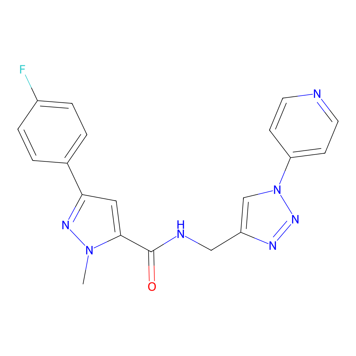 3-(4-fluorophenyl)-1-methyl-N-((1-(pyridin-4-yl)-1H-1,2,3-triazol-4-yl)methyl)-1H-pyrazole-5-carboxamide molecular structure, CAS 2034379-45-6