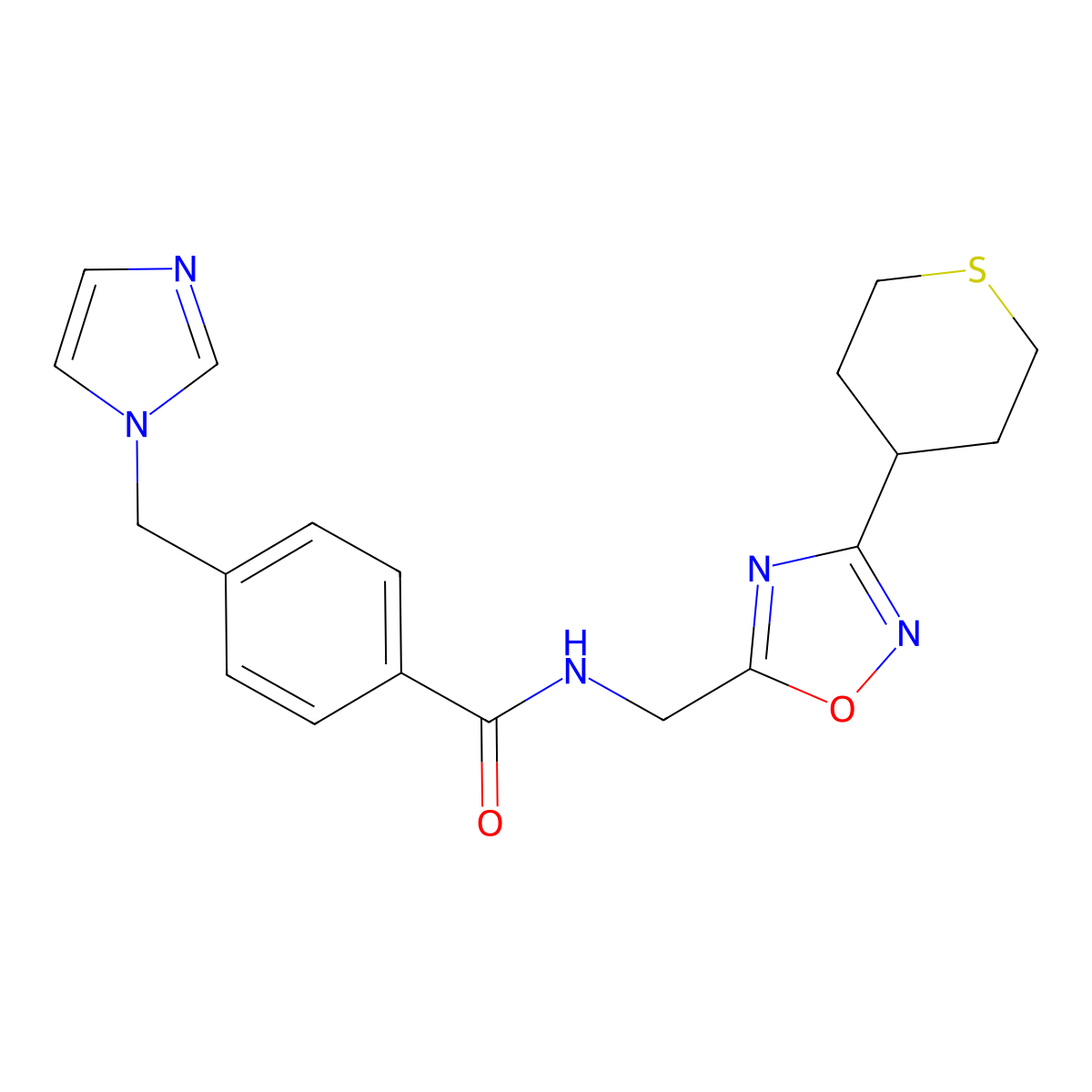 4-((1H-imidazol-1-yl)methyl)-N-((3-(tetrahydro-2H-thiopyran-4-yl)-1,2,4-oxadiazol-5-yl)methyl)benzamide molecular structure, CAS 2034379-48-9