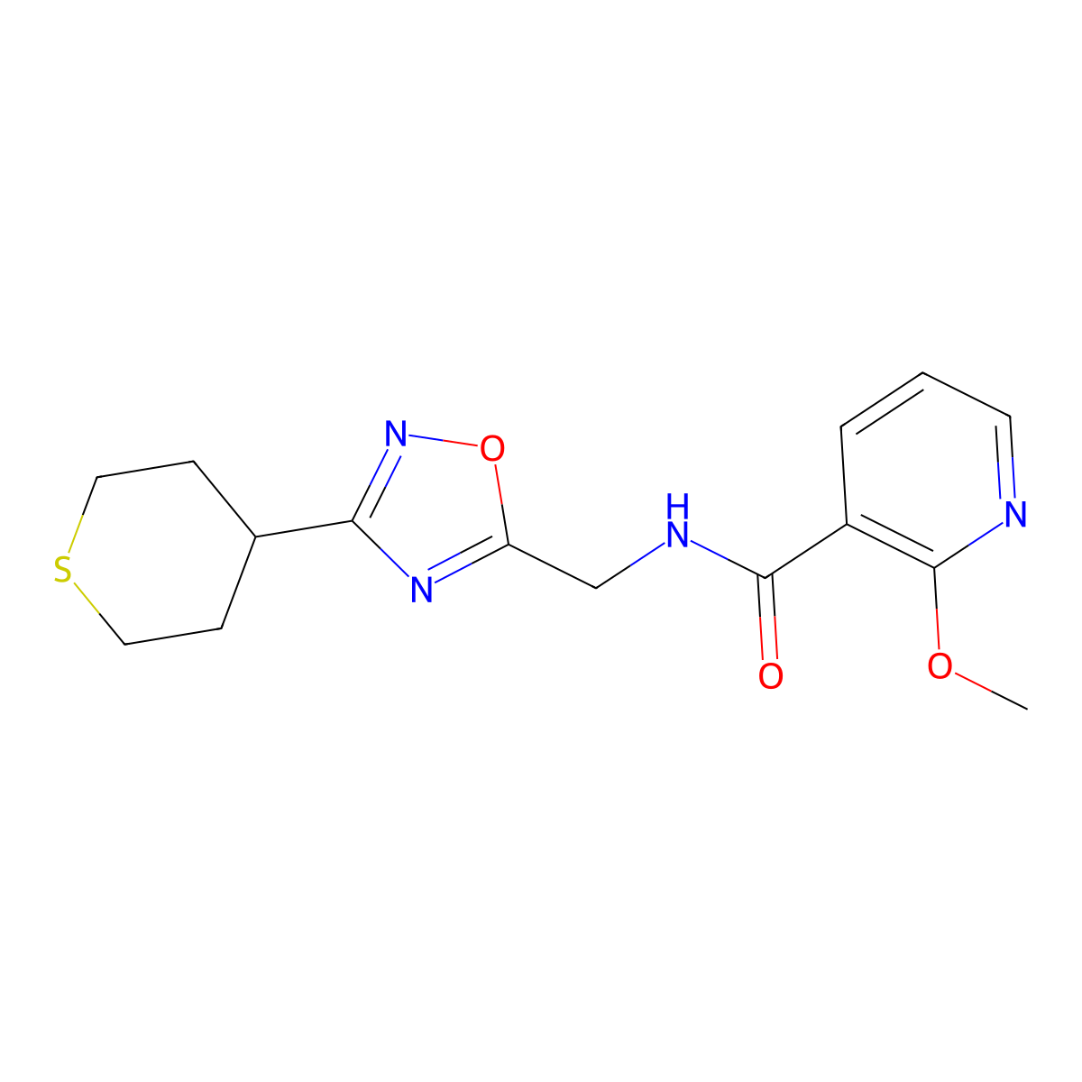 2-methoxy-N-((3-(tetrahydro-2H-thiopyran-4-yl)-1,2,4-oxadiazol-5-yl)methyl)nicotinamide molecular structure, CAS 2034379-65-0