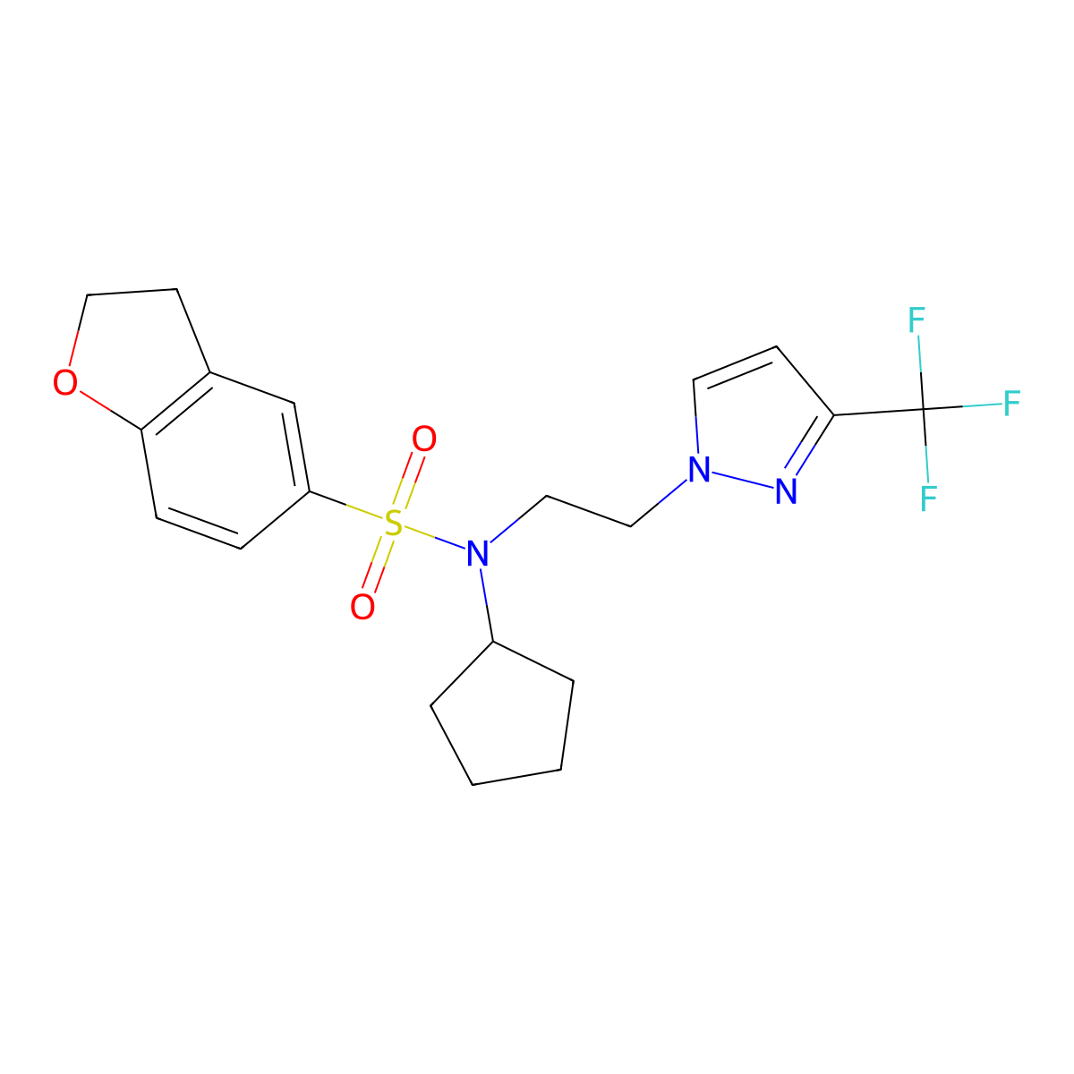 N-cyclopentyl-N-(2-(3-(trifluoromethyl)-1H-pyrazol-1-yl)ethyl)-2,3-dihydrobenzofuran-5-sulfonamide molecular structure, CAS 2034379-70-7