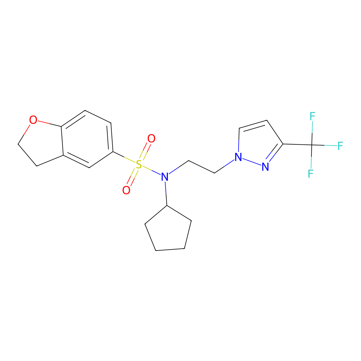 N-cyclopentyl-N-(2-(3-(trifluoromethyl)-1H-pyrazol-1-yl)ethyl)-2,3-dihydrobenzofuran-5-sulfonamide molecular structure, CAS 2034379-70-7