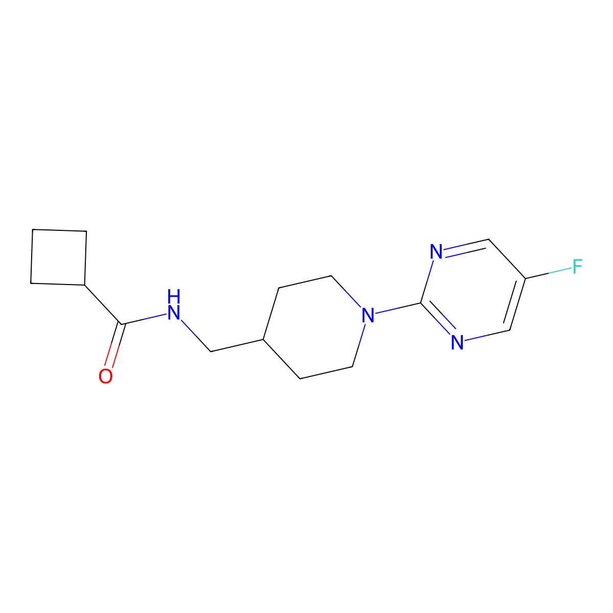N-((1-(5-fluoropyrimidin-2-yl)piperidin-4-yl)methyl)cyclobutanecarboxamide molecular structure, CAS 2034379-93-4