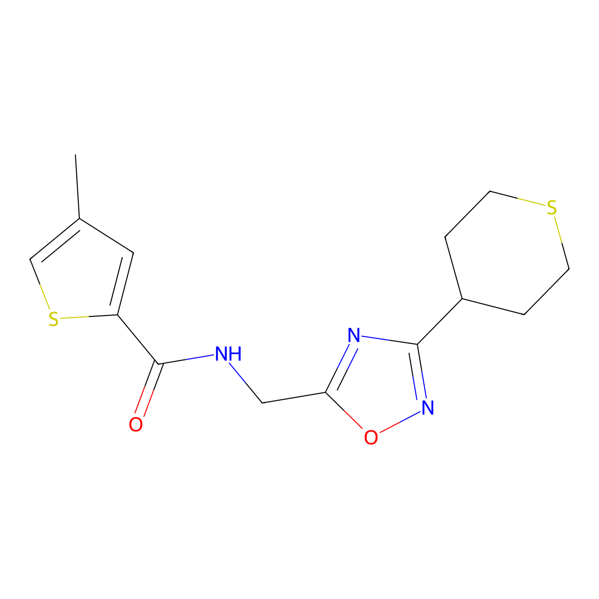 4-methyl-N-((3-(tetrahydro-2H-thiopyran-4-yl)-1,2,4-oxadiazol-5-yl)methyl)thiophene-2-carboxamide molecular structure, CAS 2034380-05-5