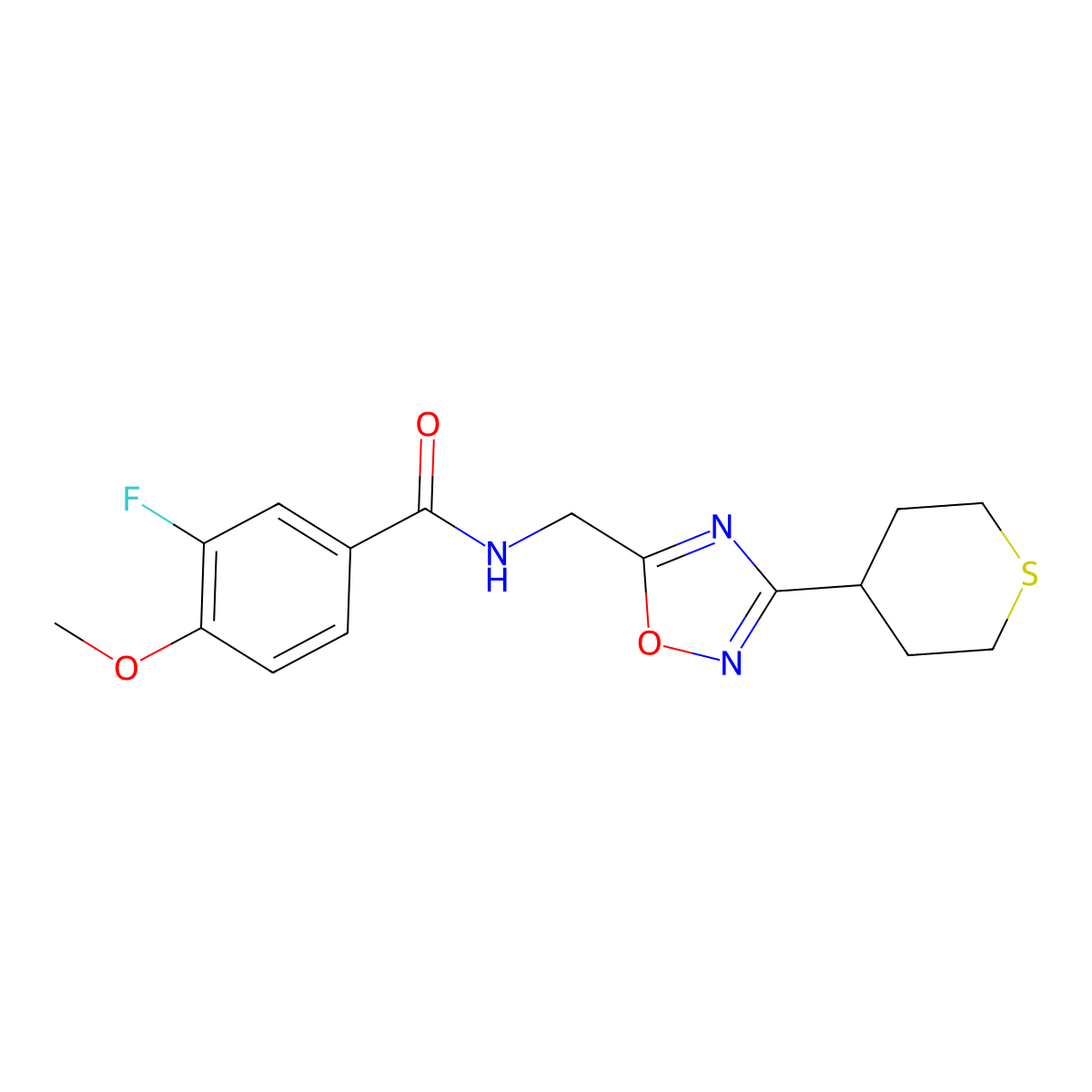 3-fluoro-4-methoxy-N-((3-(tetrahydro-2H-thiopyran-4-yl)-1,2,4-oxadiazol-5-yl)methyl)benzamide molecular structure, CAS 2034380-29-3