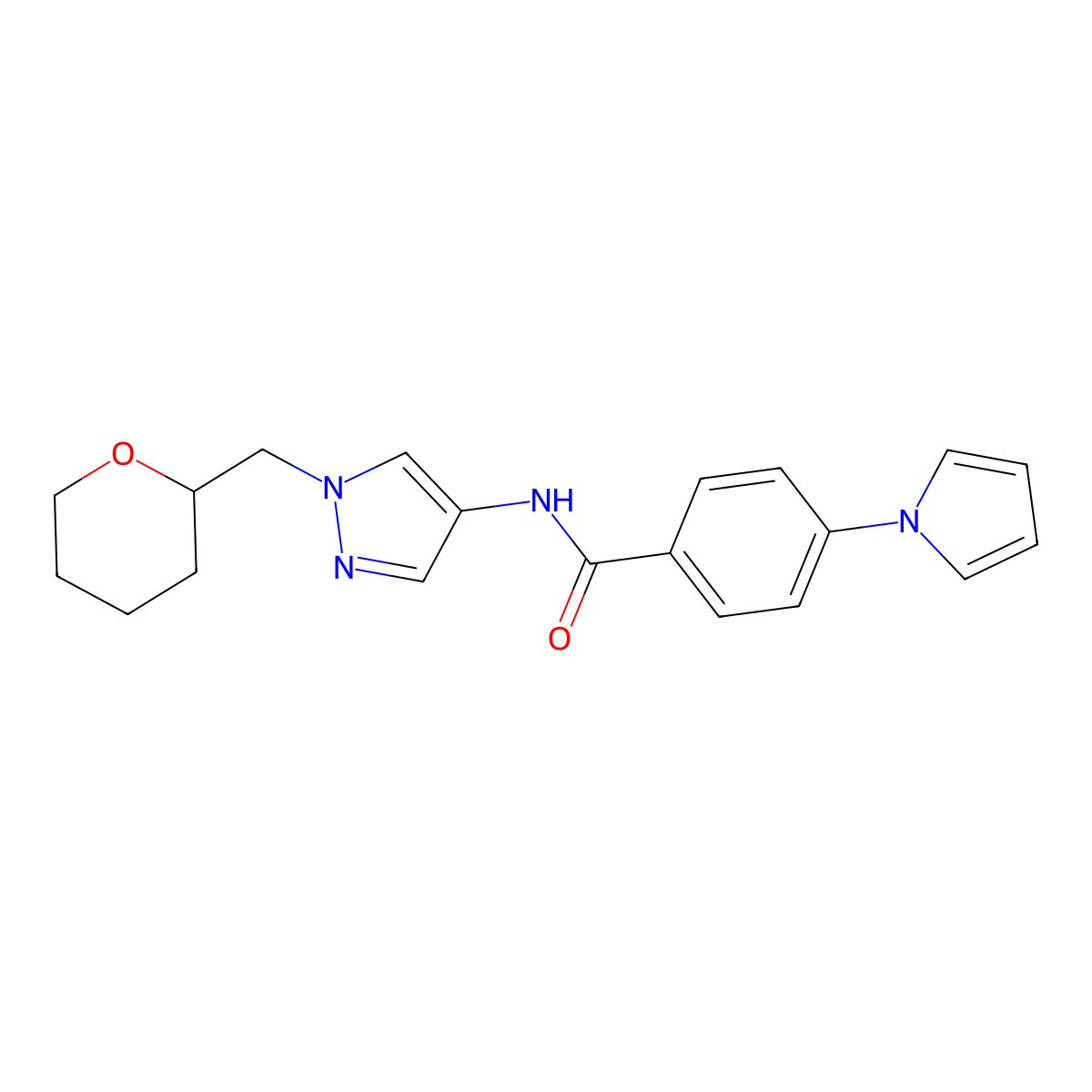 4-(1H-pyrrol-1-yl)-N-(1-((tetrahydro-2H-pyran-2-yl)methyl)-1H-pyrazol-4-yl)benzamide molecular structure, CAS 2034380-40-8