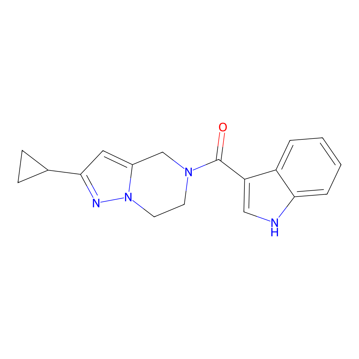 (2-cyclopropyl-6,7-dihydropyrazolo[1,5-a]pyrazin-5(4H)-yl)(1H-indol-3-yl)methanone molecular structure, CAS 2034380-45-3