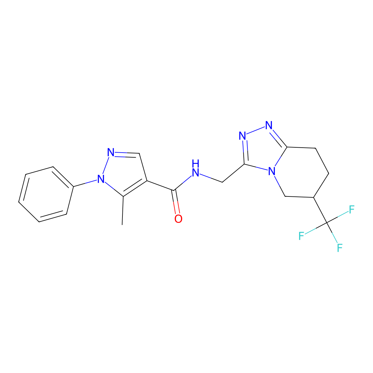 5-methyl-1-phenyl-N-((6-(trifluoromethyl)-5,6,7,8-tetrahydro-[1,2,4]triazolo[4,3-a]pyridin-3-yl)methyl)-1H-pyrazole-4-carboxamide molecular structure, CAS 2034380-48-6