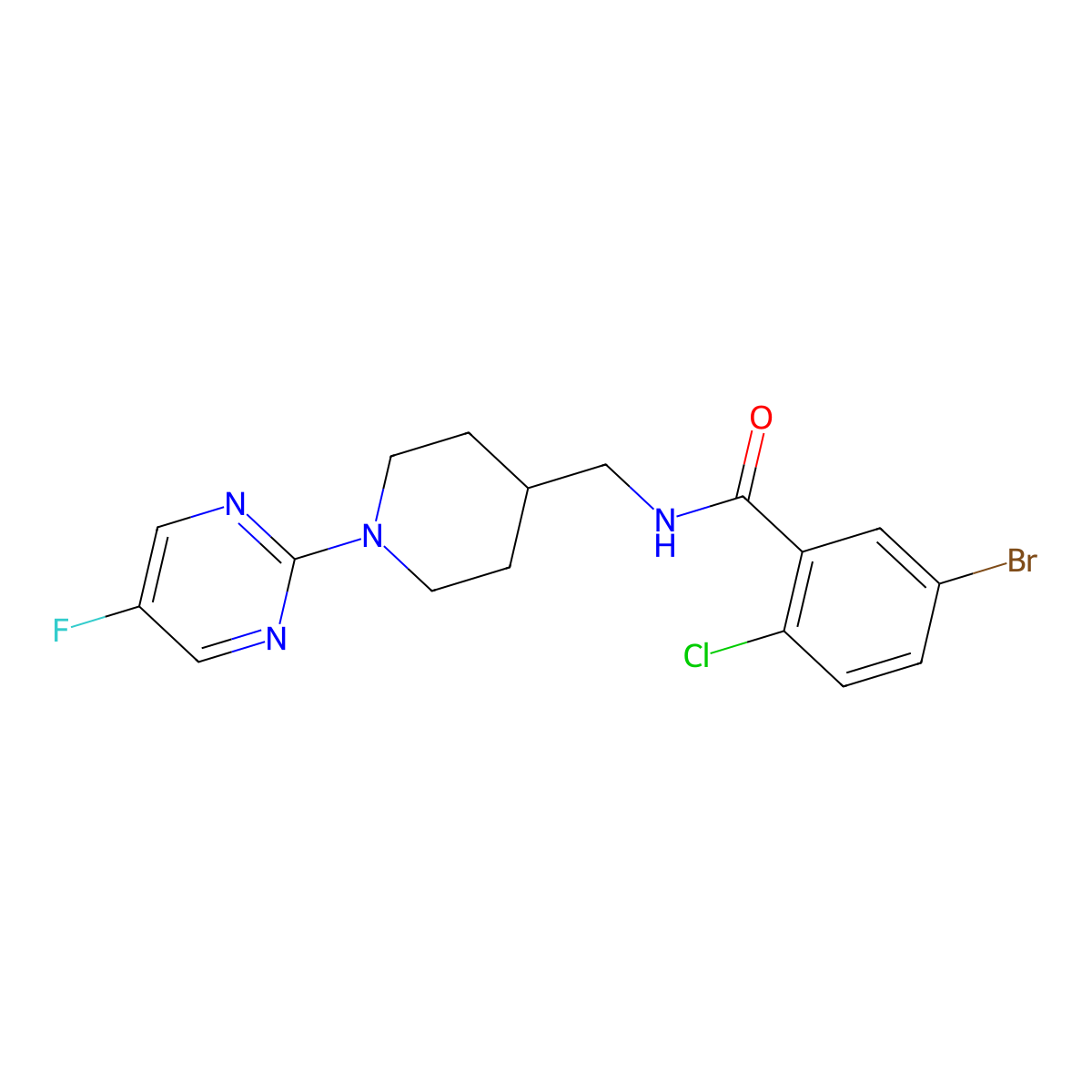 5-bromo-2-chloro-N-((1-(5-fluoropyrimidin-2-yl)piperidin-4-yl)methyl)benzamide molecular structure, CAS 2034380-63-5