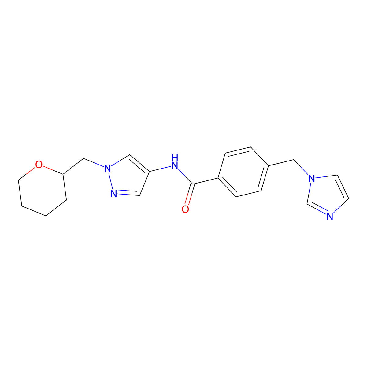 4-((1H-imidazol-1-yl)methyl)-N-(1-((tetrahydro-2H-pyran-2-yl)methyl)-1H-pyrazol-4-yl)benzamide molecular structure, CAS 2034380-65-7
