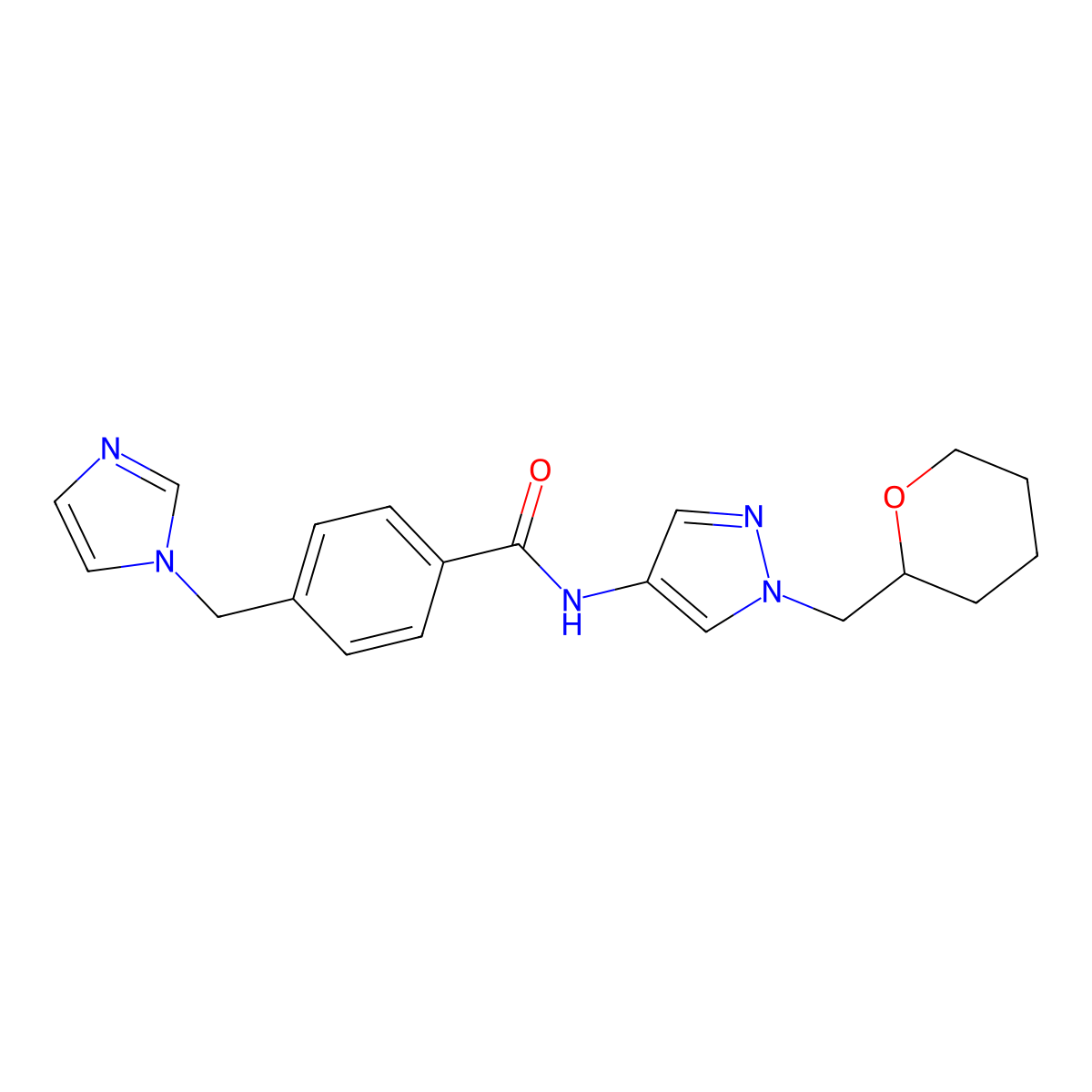 4-((1H-imidazol-1-yl)methyl)-N-(1-((tetrahydro-2H-pyran-2-yl)methyl)-1H-pyrazol-4-yl)benzamide molecular structure, CAS 2034380-65-7