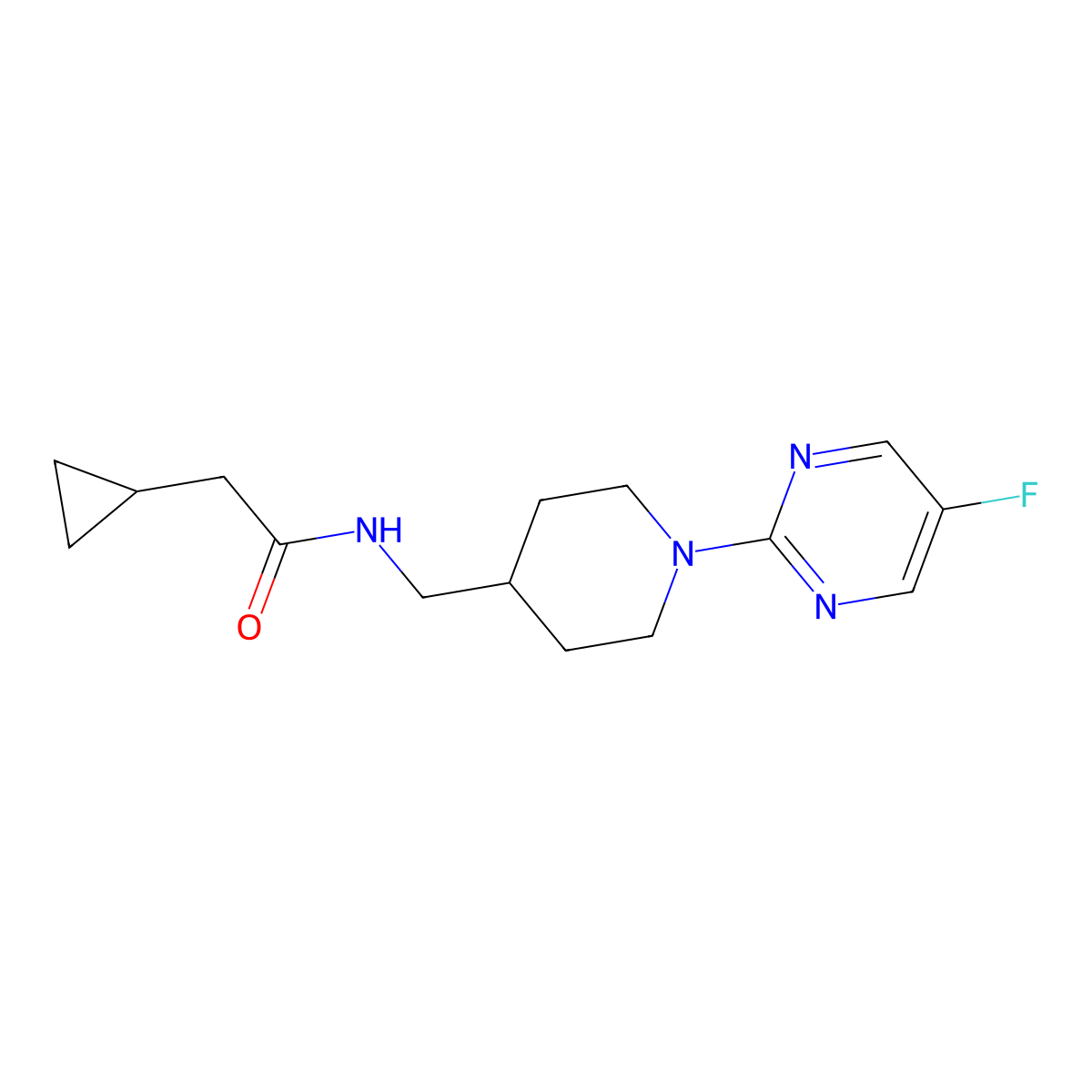 2-cyclopropyl-N-((1-(5-fluoropyrimidin-2-yl)piperidin-4-yl)methyl)acetamide molecular structure, CAS 2034380-72-6