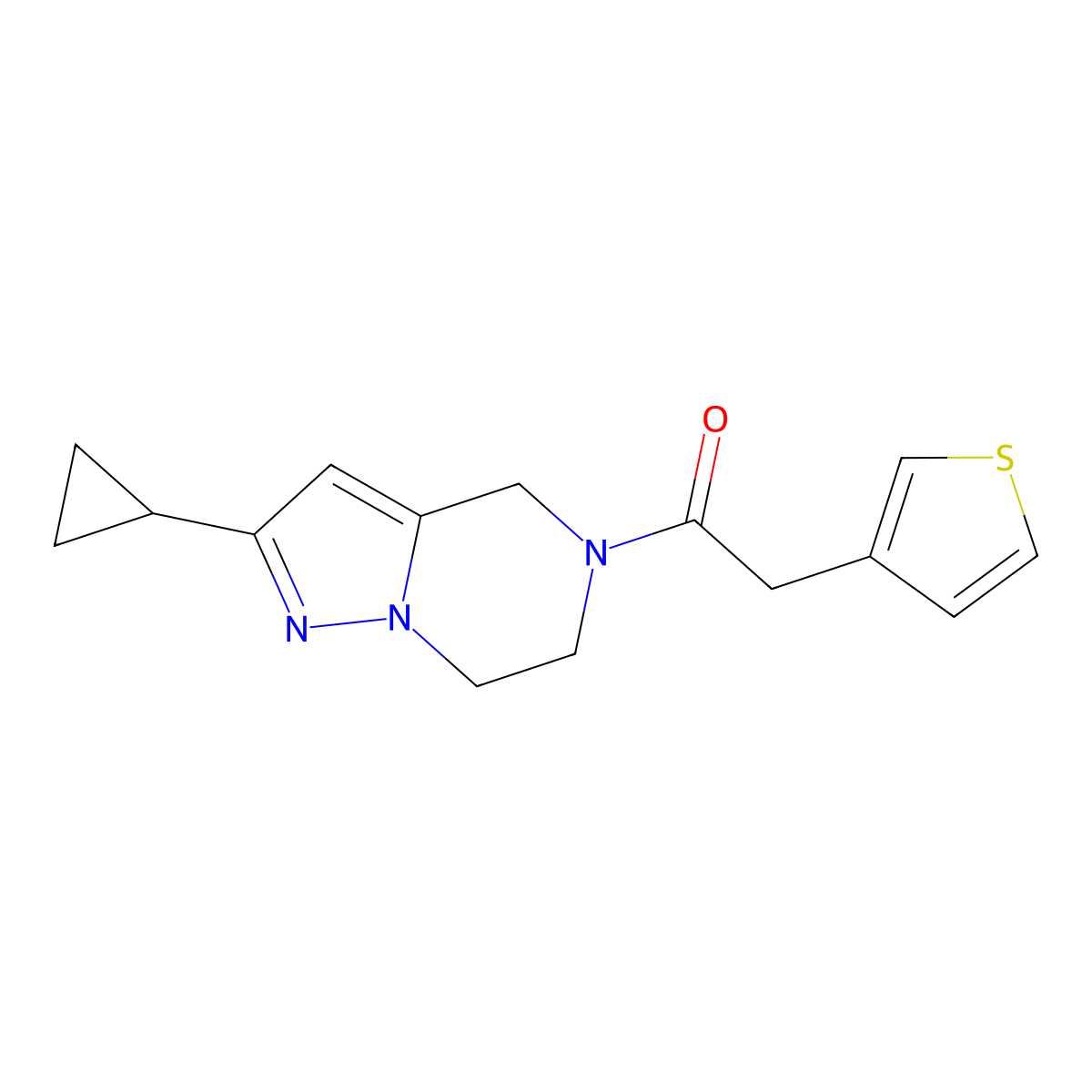 1-(2-cyclopropyl-6,7-dihydropyrazolo[1,5-a]pyrazin-5(4H)-yl)-2-(thiophen-3-yl)ethanone molecular structure, CAS 2034380-74-8