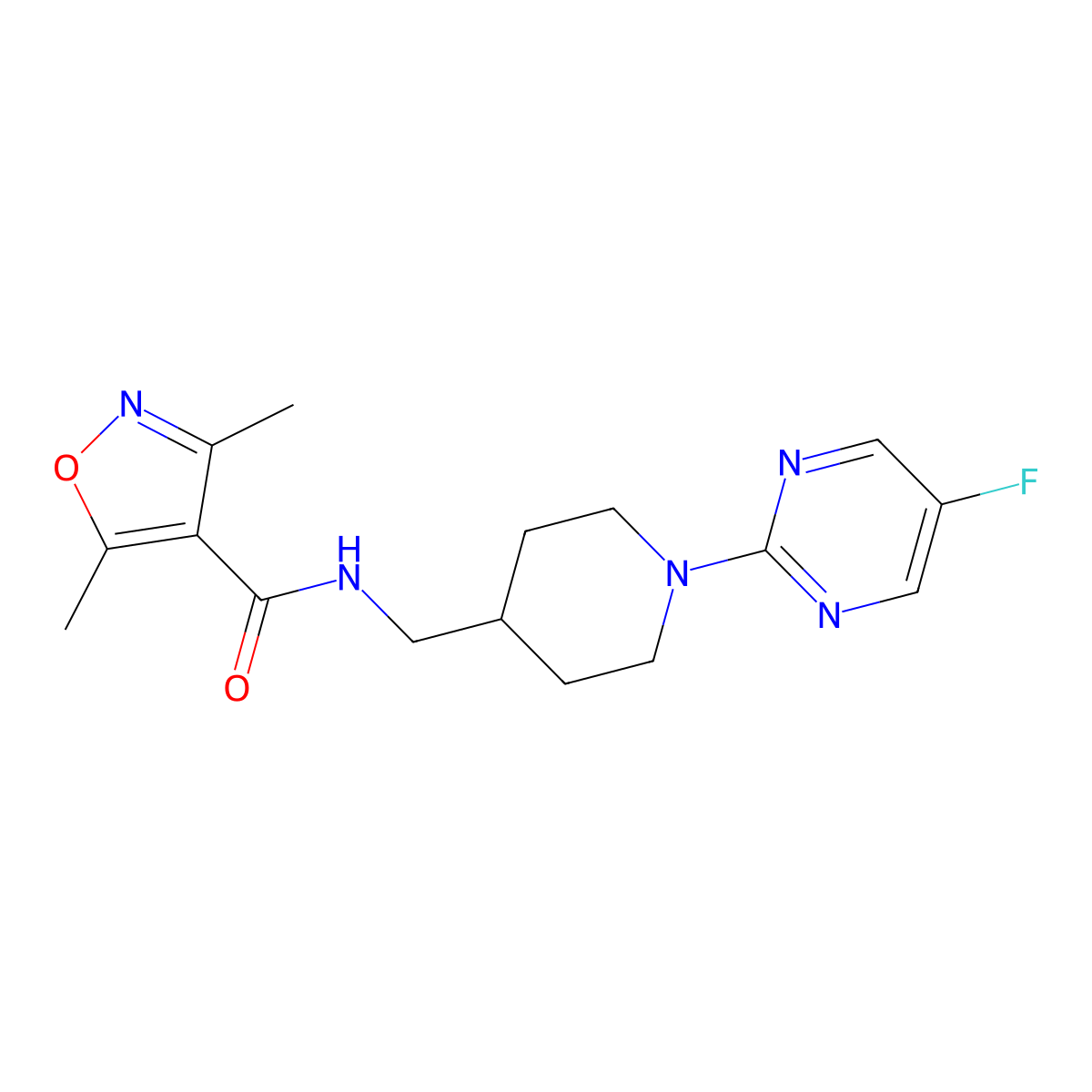 N-((1-(5-fluoropyrimidin-2-yl)piperidin-4-yl)methyl)-3,5-dimethylisoxazole-4-carboxamide molecular structure, CAS 2034380-81-7