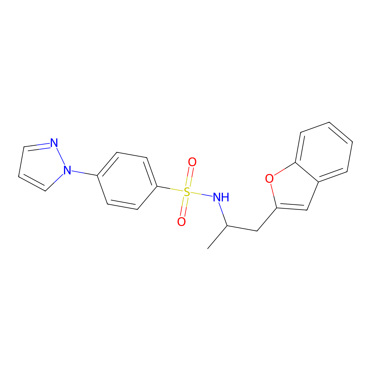 N-(1-(benzofuran-2-yl)propan-2-yl)-4-(1H-pyrazol-1-yl)benzenesulfonamide molecular structure, CAS 2034381-04-7