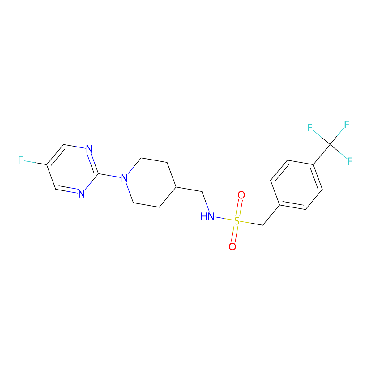 N-((1-(5-fluoropyrimidin-2-yl)piperidin-4-yl)methyl)-1-(4-(trifluoromethyl)phenyl)methanesulfonamide molecular structure, CAS 2034381-19-4