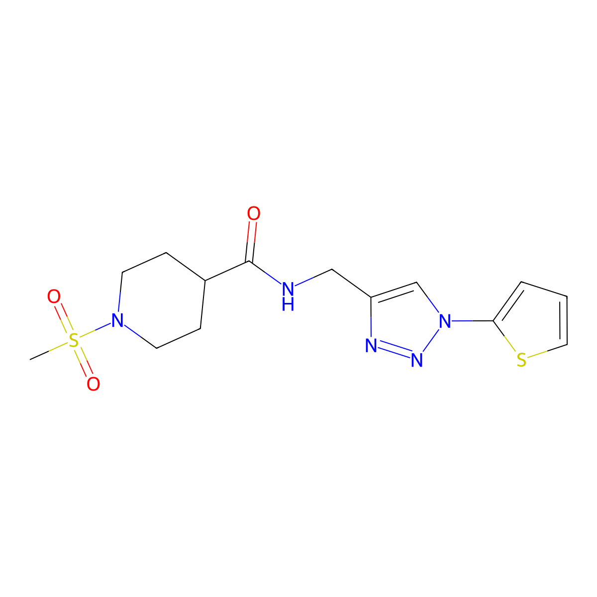 1-(methylsulfonyl)-N-((1-(thiophen-2-yl)-1H-1,2,3-triazol-4-yl)methyl)piperidine-4-carboxamide molecular structure, CAS 2034381-37-6