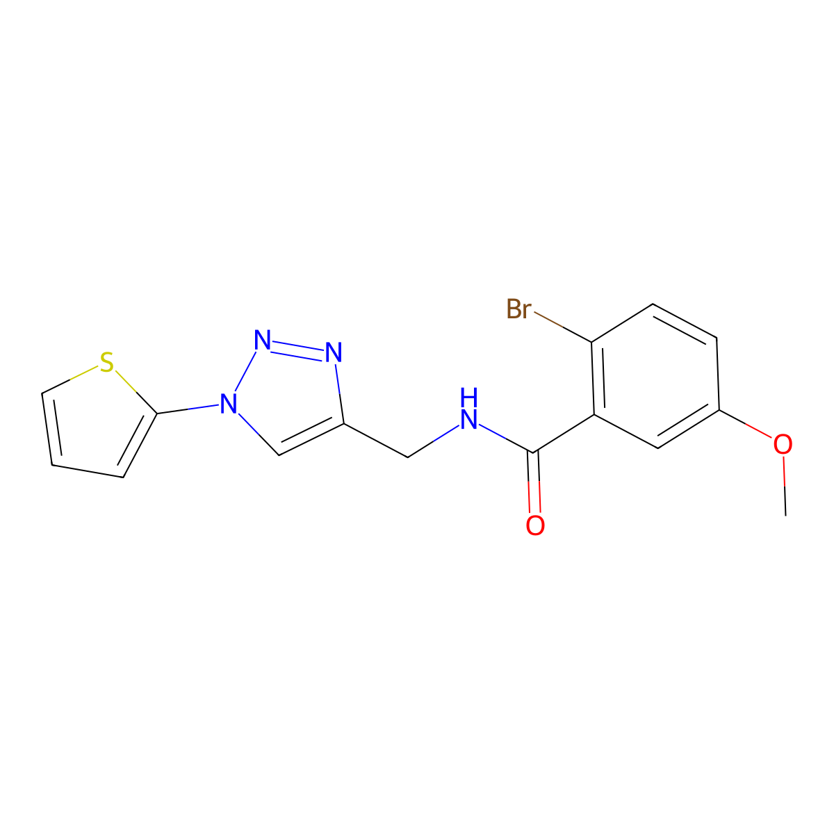 2-bromo-5-methoxy-N-((1-(thiophen-2-yl)-1H-1,2,3-triazol-4-yl)methyl)benzamide molecular structure, CAS 2034381-47-8
