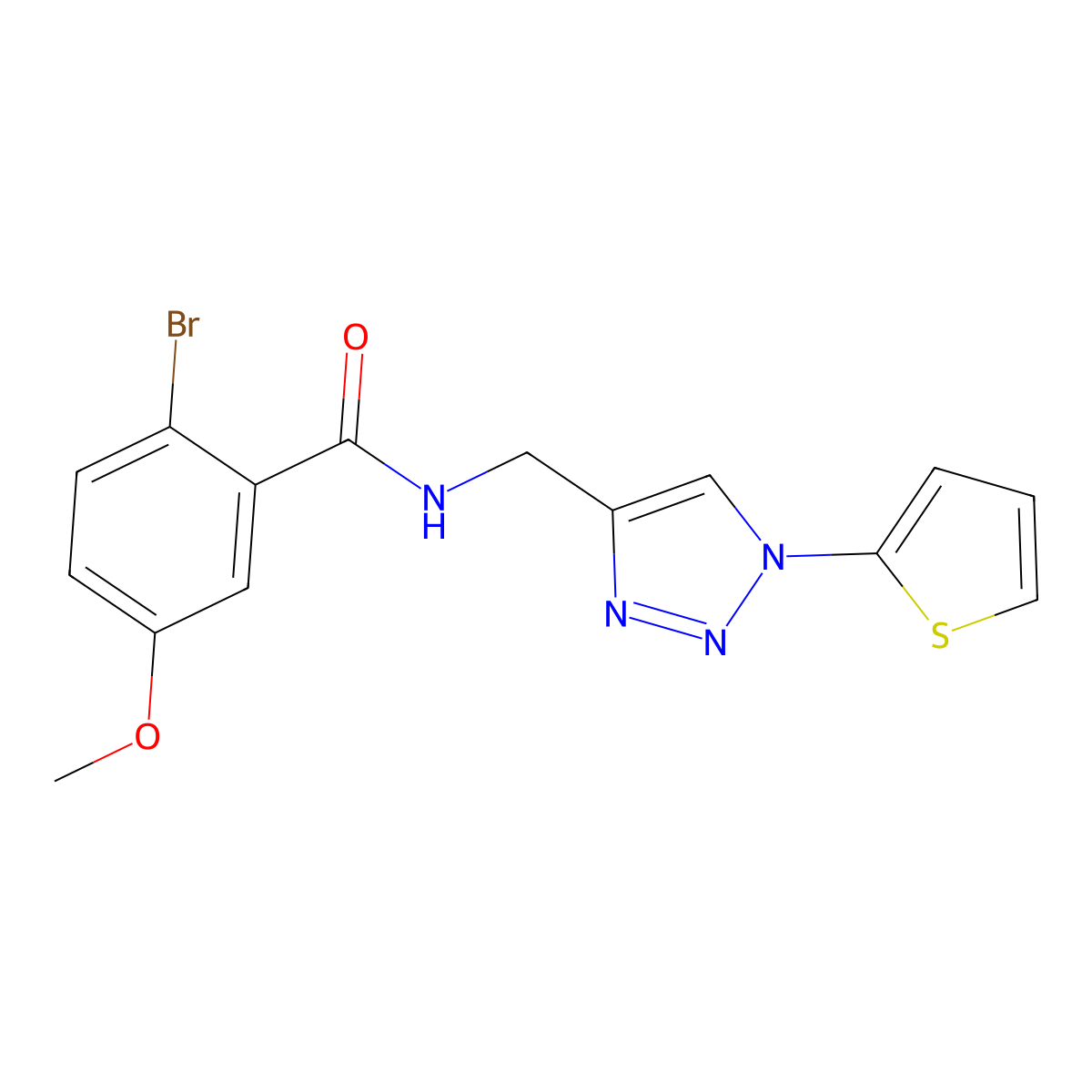 2-bromo-5-methoxy-N-((1-(thiophen-2-yl)-1H-1,2,3-triazol-4-yl)methyl)benzamide molecular structure, CAS 2034381-47-8