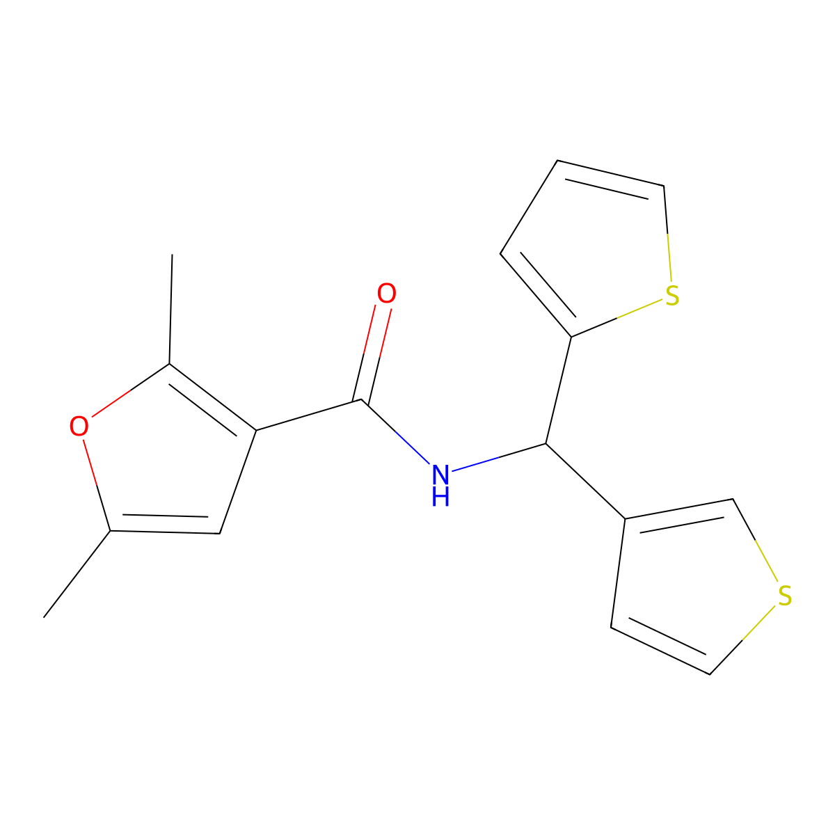 2,5-dimethyl-N-(thiophen-2-yl(thiophen-3-yl)methyl)furan-3-carboxamide molecular structure, CAS 2034381-48-9