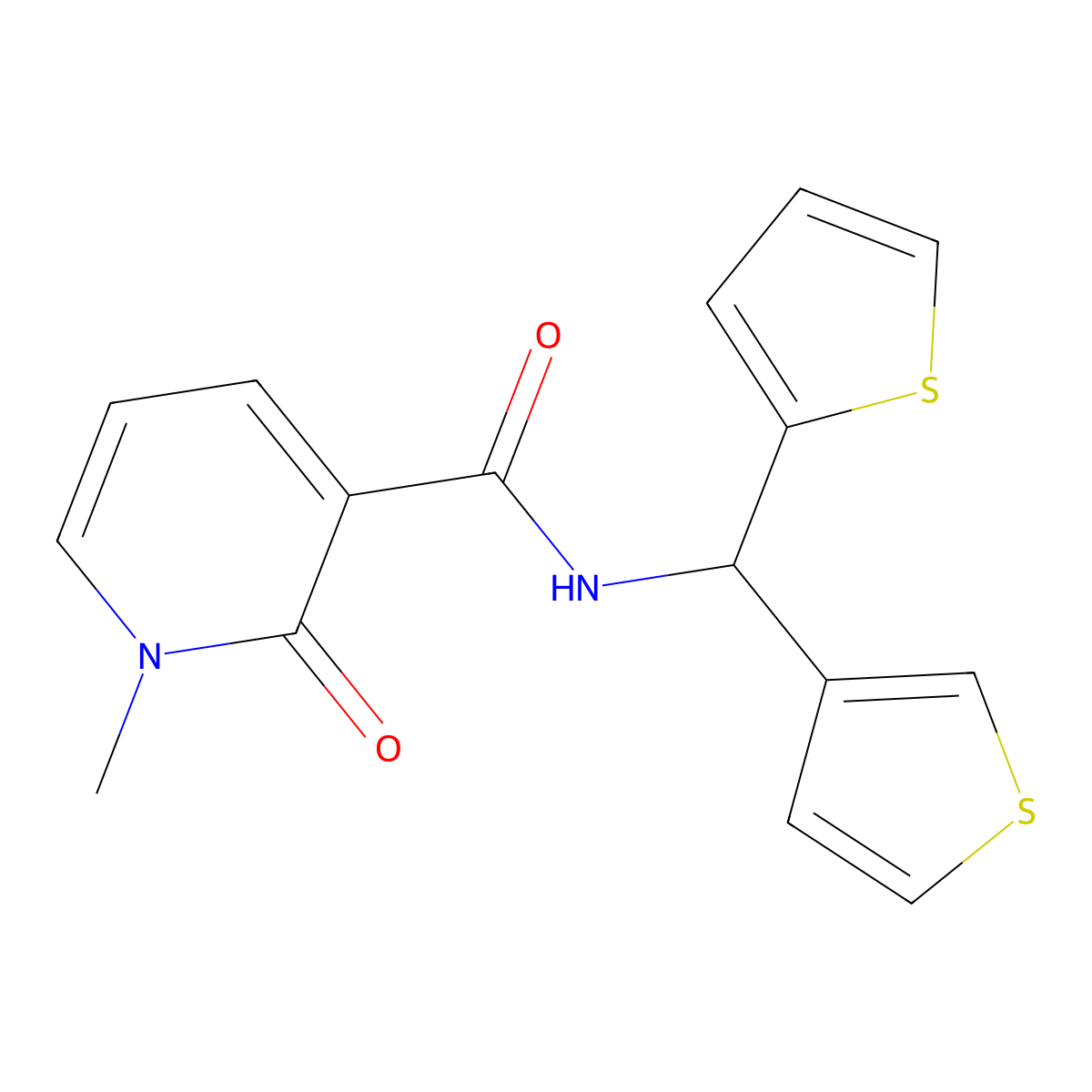 1-methyl-2-oxo-N-(thiophen-2-yl(thiophen-3-yl)methyl)-1,2-dihydropyridine-3-carboxamide molecular structure, CAS 2034381-57-0