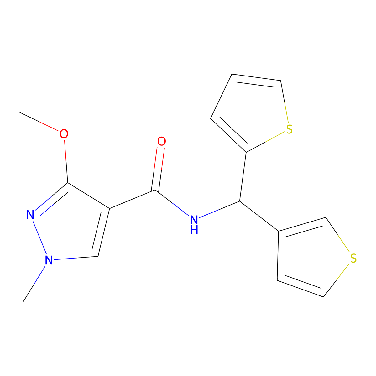 3-methoxy-1-methyl-N-(thiophen-2-yl(thiophen-3-yl)methyl)-1H-pyrazole-4-carboxamide molecular structure, CAS 2034381-64-9
