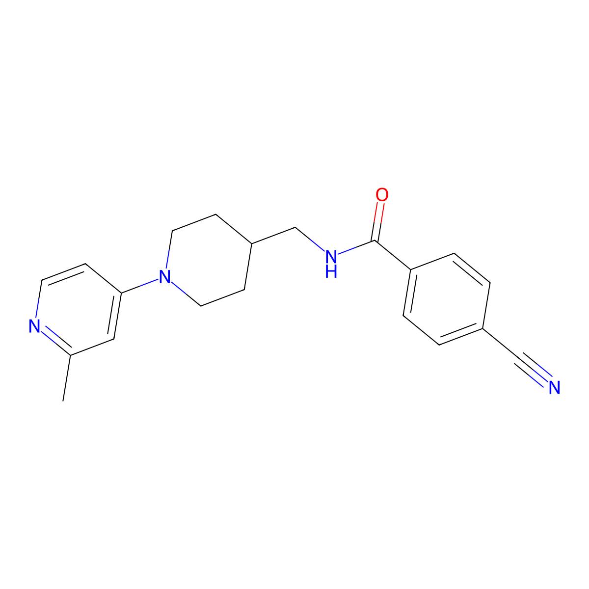 4-cyano-N-((1-(2-methylpyridin-4-yl)piperidin-4-yl)methyl)benzamide molecular structure, CAS 2034381-74-1
