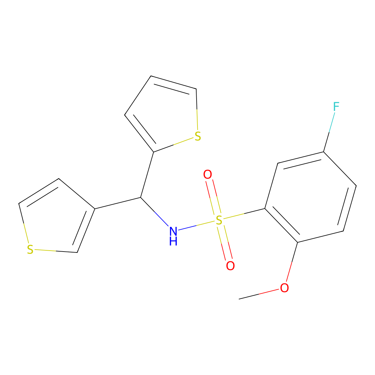 5-fluoro-2-methoxy-N-(thiophen-2-yl(thiophen-3-yl)methyl)benzenesulfonamide molecular structure, CAS 2034381-80-9