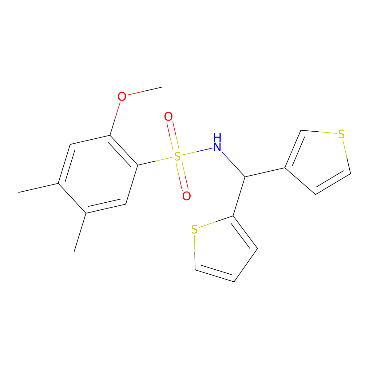2-methoxy-4,5-dimethyl-N-(thiophen-2-yl(thiophen-3-yl)methyl)benzenesulfonamide molecular structure, CAS 2034381-87-6