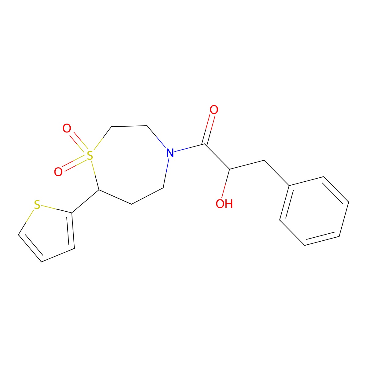 1-(1,1-Dioxido-7-(thiophen-2-yl)-1,4-thiazepan-4-yl)-2-hydroxy-3-phenylpropan-1-one molecular structure, CAS 2034382-14-2