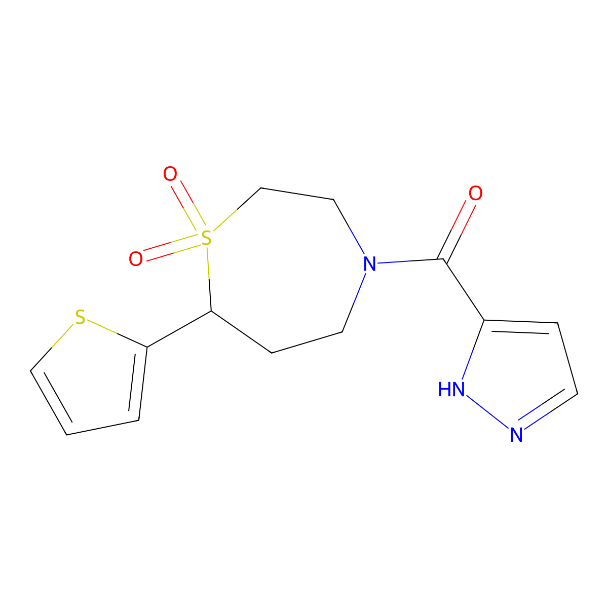 (1,1-dioxido-7-(thiophen-2-yl)-1,4-thiazepan-4-yl)(1H-pyrazol-3-yl)methanone molecular structure, CAS 2034382-18-6