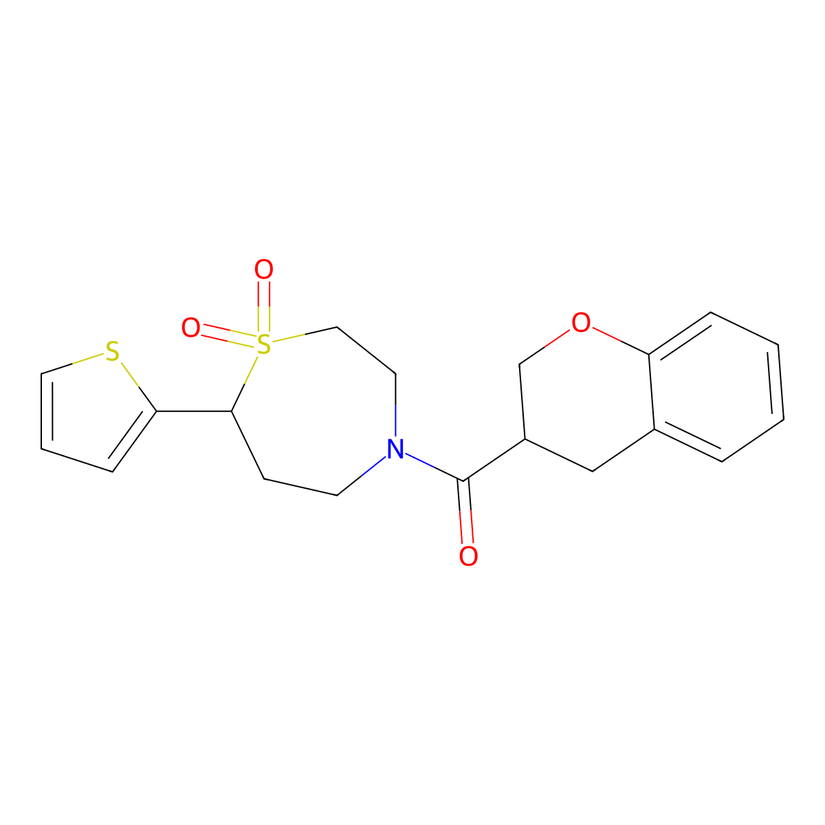 Chroman-3-yl(1,1-dioxido-7-(thiophen-2-yl)-1,4-thiazepan-4-yl)methanone molecular structure, CAS 2034382-27-7