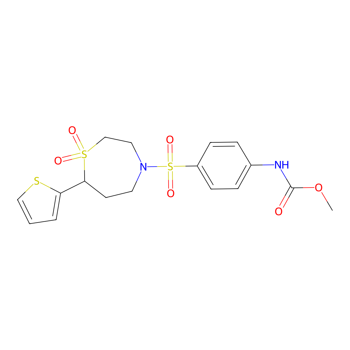 Methyl (4-((1,1-dioxido-7-(thiophen-2-yl)-1,4-thiazepan-4-yl)sulfonyl)phenyl)carbamate molecular structure, CAS 2034382-38-0