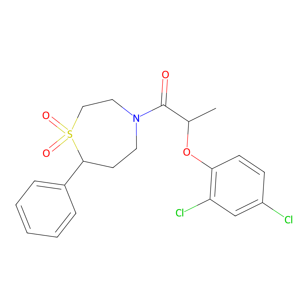2-(2,4-Dichlorophenoxy)-1-(1,1-dioxido-7-phenyl-1,4-thiazepan-4-yl)propan-1-one molecular structure, CAS 2034382-44-8