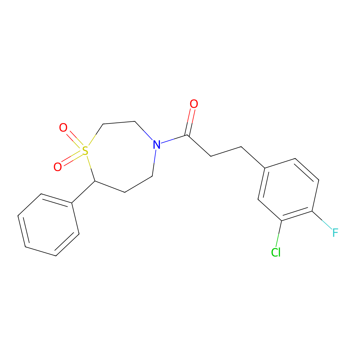 3-(3-Chloro-4-fluorophenyl)-1-(1,1-dioxido-7-phenyl-1,4-thiazepan-4-yl)propan-1-one molecular structure, CAS 2034382-52-8