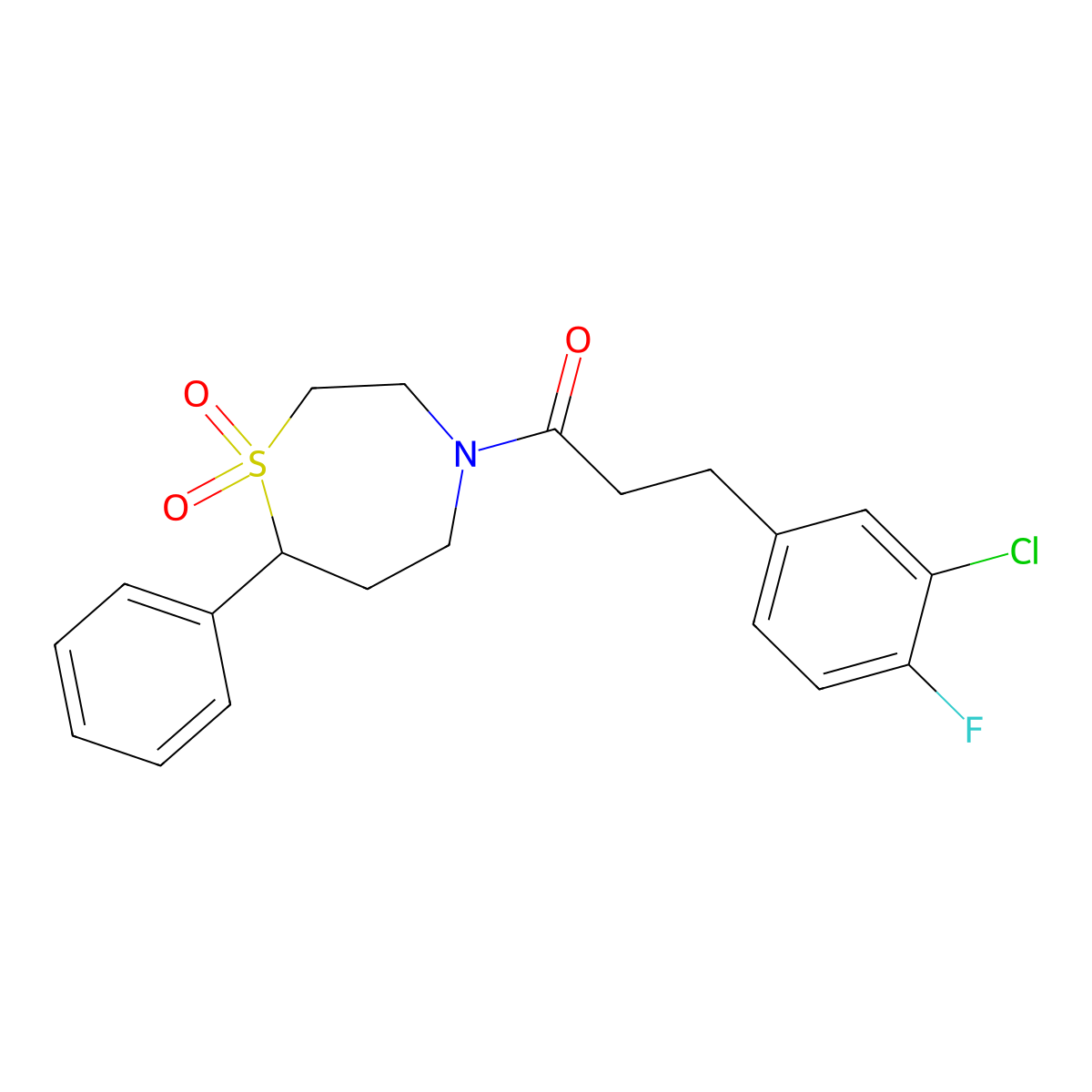 3-(3-Chloro-4-fluorophenyl)-1-(1,1-dioxido-7-phenyl-1,4-thiazepan-4-yl)propan-1-one molecular structure, CAS 2034382-52-8