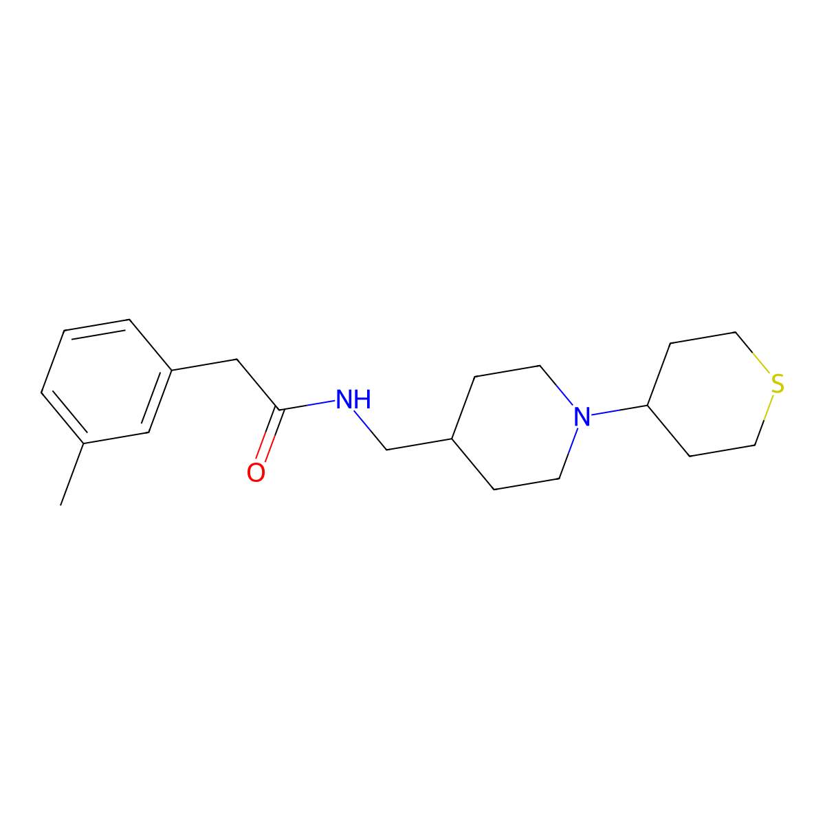 N-((1-(tetrahydro-2H-thiopyran-4-yl)piperidin-4-yl)methyl)-2-(m-tolyl)acetamide molecular structure, CAS 2034382-53-9