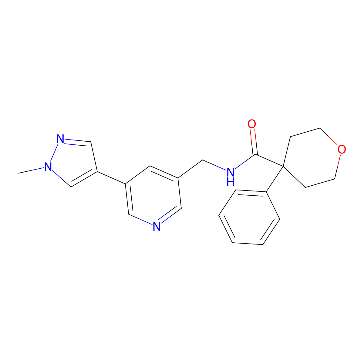N-((5-(1-methyl-1H-pyrazol-4-yl)pyridin-3-yl)methyl)-4-phenyltetrahydro-2H-pyran-4-carboxamide molecular structure, CAS 2034382-54-0