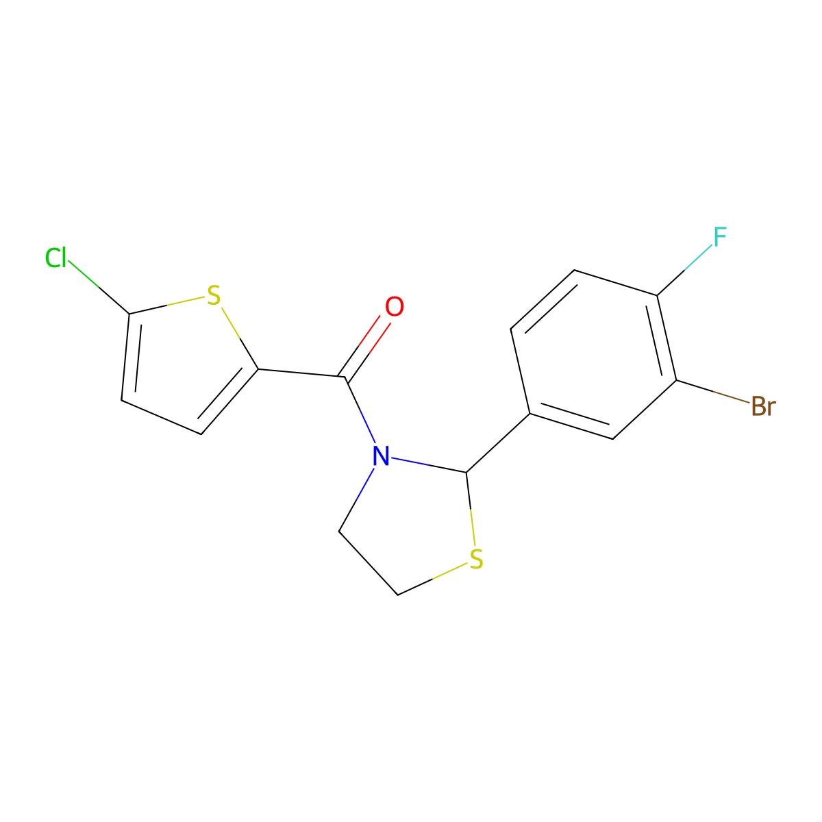 (2-(3-Bromo-4-fluorophenyl)thiazolidin-3-yl)(5-chlorothiophen-2-yl)methanone molecular structure, CAS 2034382-58-4