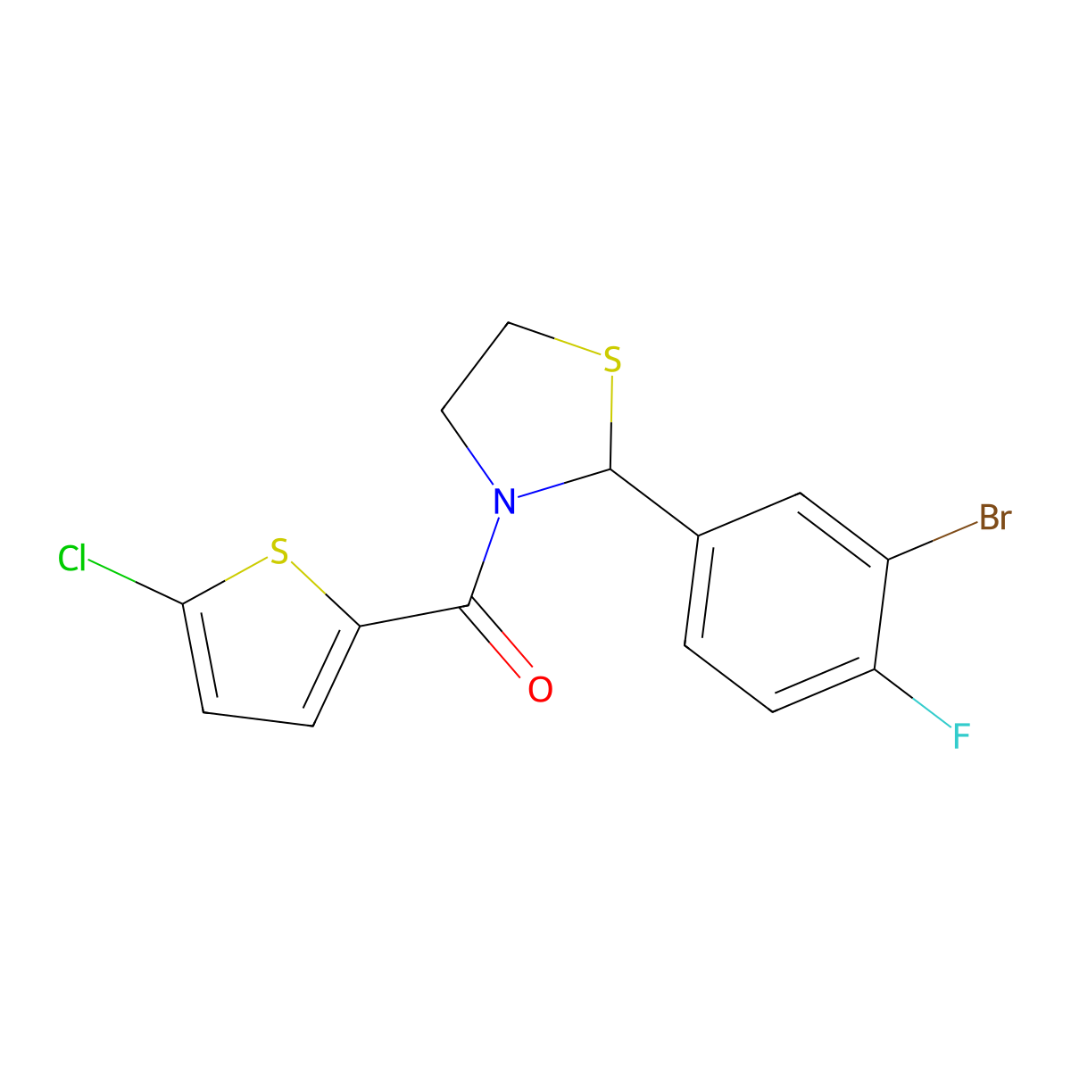 (2-(3-Bromo-4-fluorophenyl)thiazolidin-3-yl)(5-chlorothiophen-2-yl)methanone molecular structure, CAS 2034382-58-4