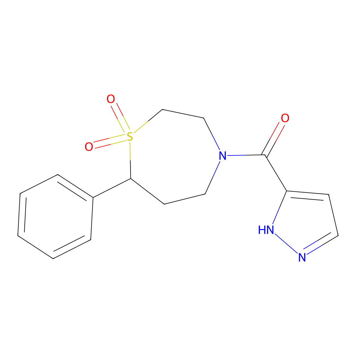 (1,1-dioxido-7-phenyl-1,4-thiazepan-4-yl)(1H-pyrazol-3-yl)methanone molecular structure, CAS 2034382-61-9
