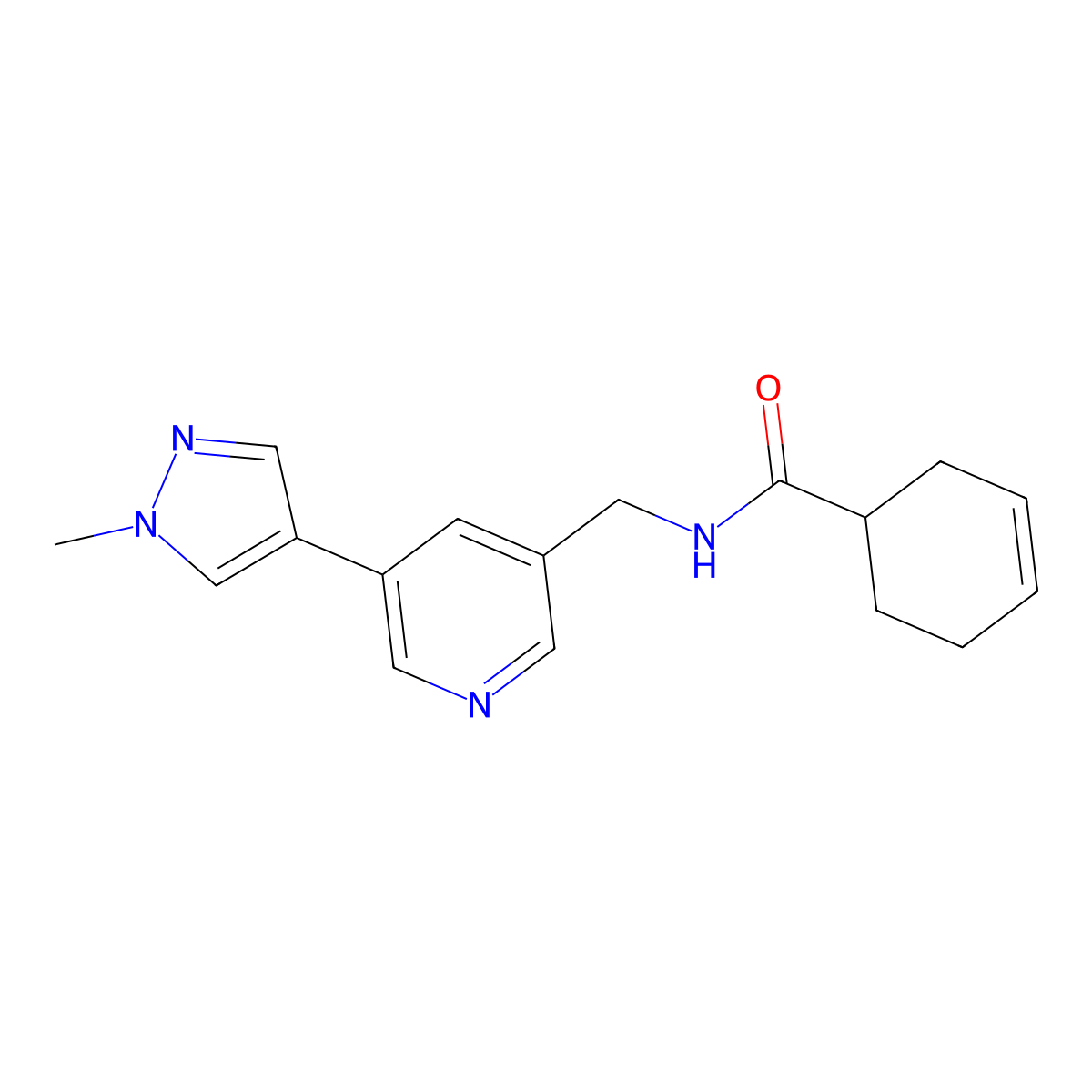 N-((5-(1-methyl-1H-pyrazol-4-yl)pyridin-3-yl)methyl)cyclohex-3-enecarboxamide molecular structure, CAS 2034382-64-2