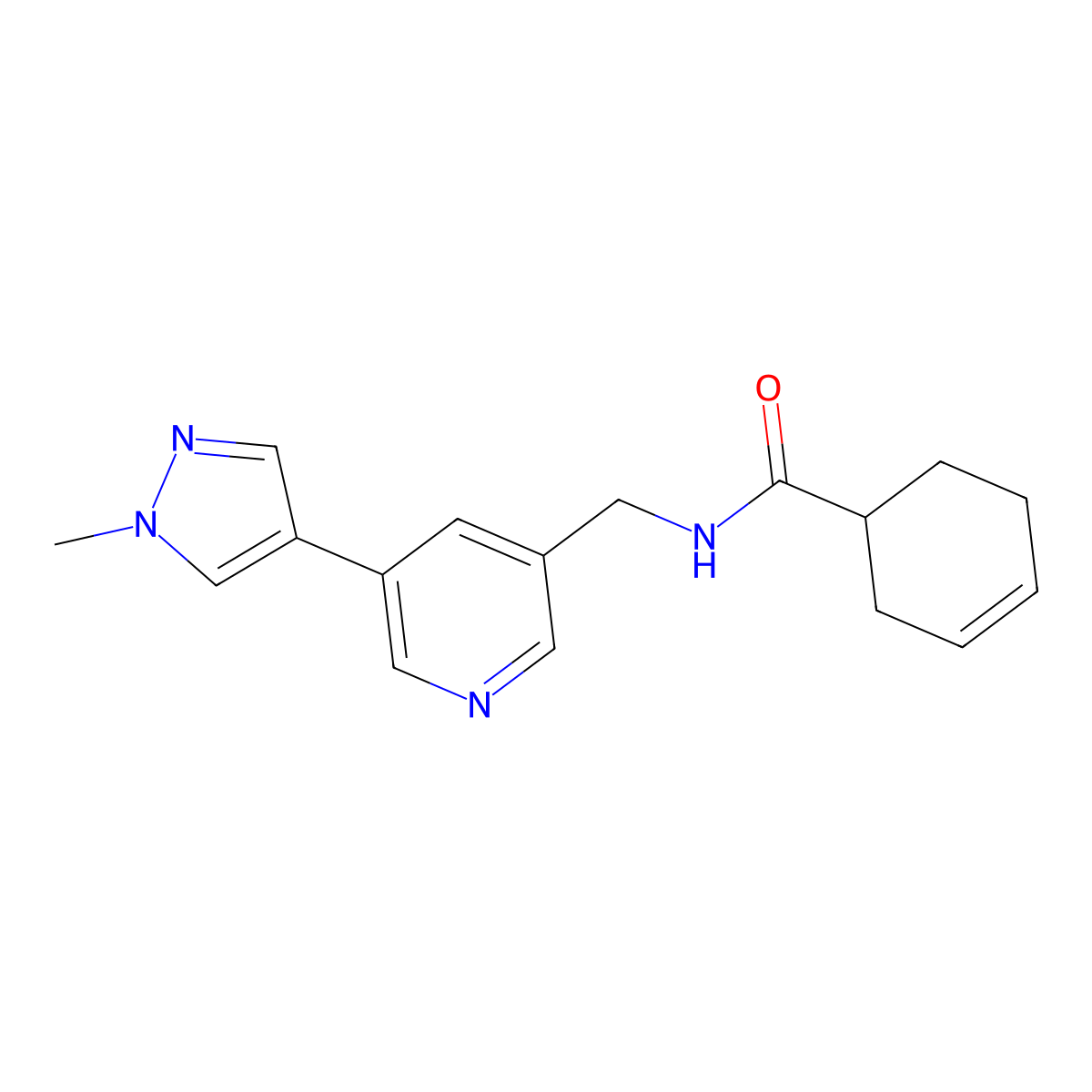 N-((5-(1-methyl-1H-pyrazol-4-yl)pyridin-3-yl)methyl)cyclohex-3-enecarboxamide molecular structure, CAS 2034382-64-2