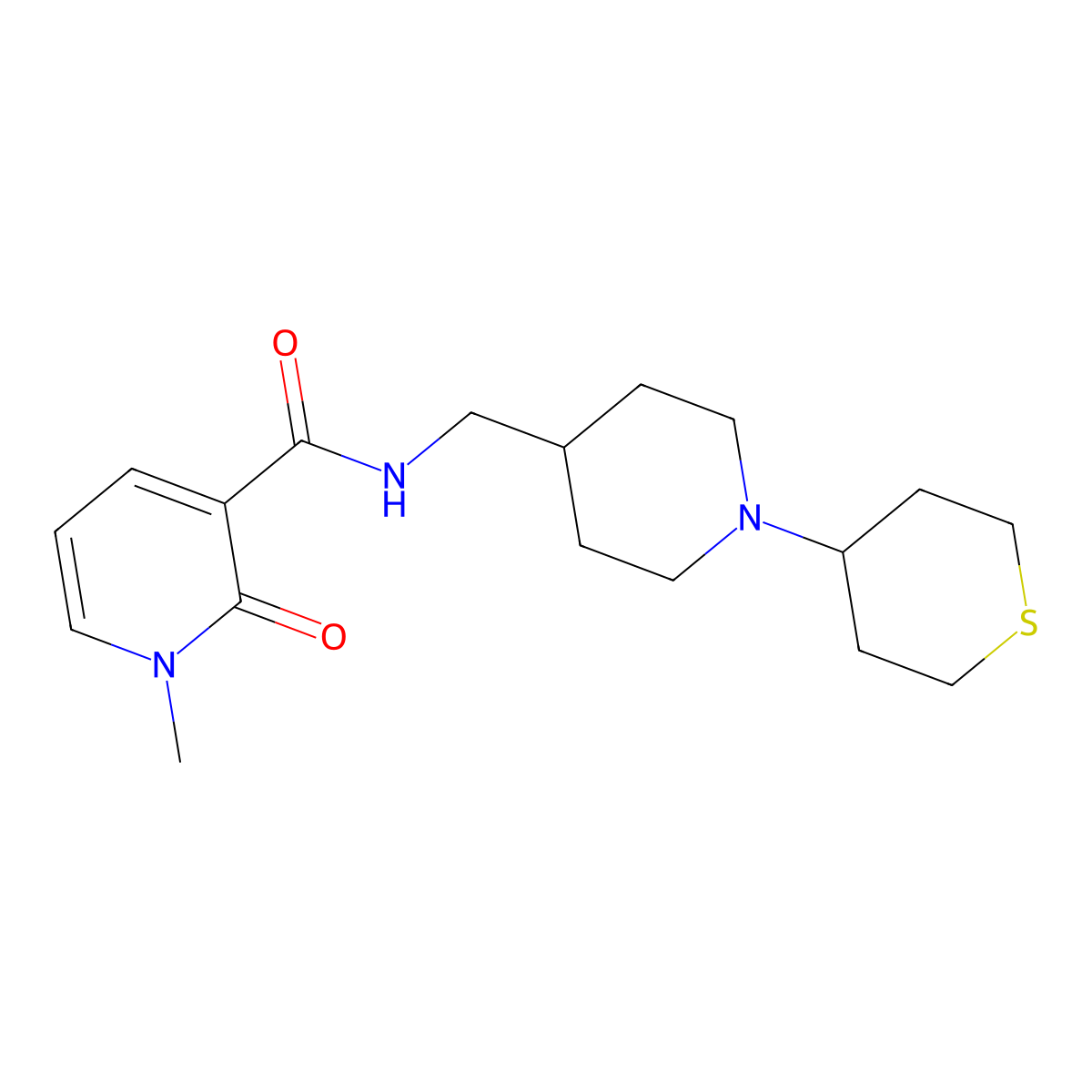 1-methyl-2-oxo-N-((1-(tetrahydro-2H-thiopyran-4-yl)piperidin-4-yl)methyl)-1,2-dihydropyridine-3-carboxamide molecular structure, CAS 2034382-66-4