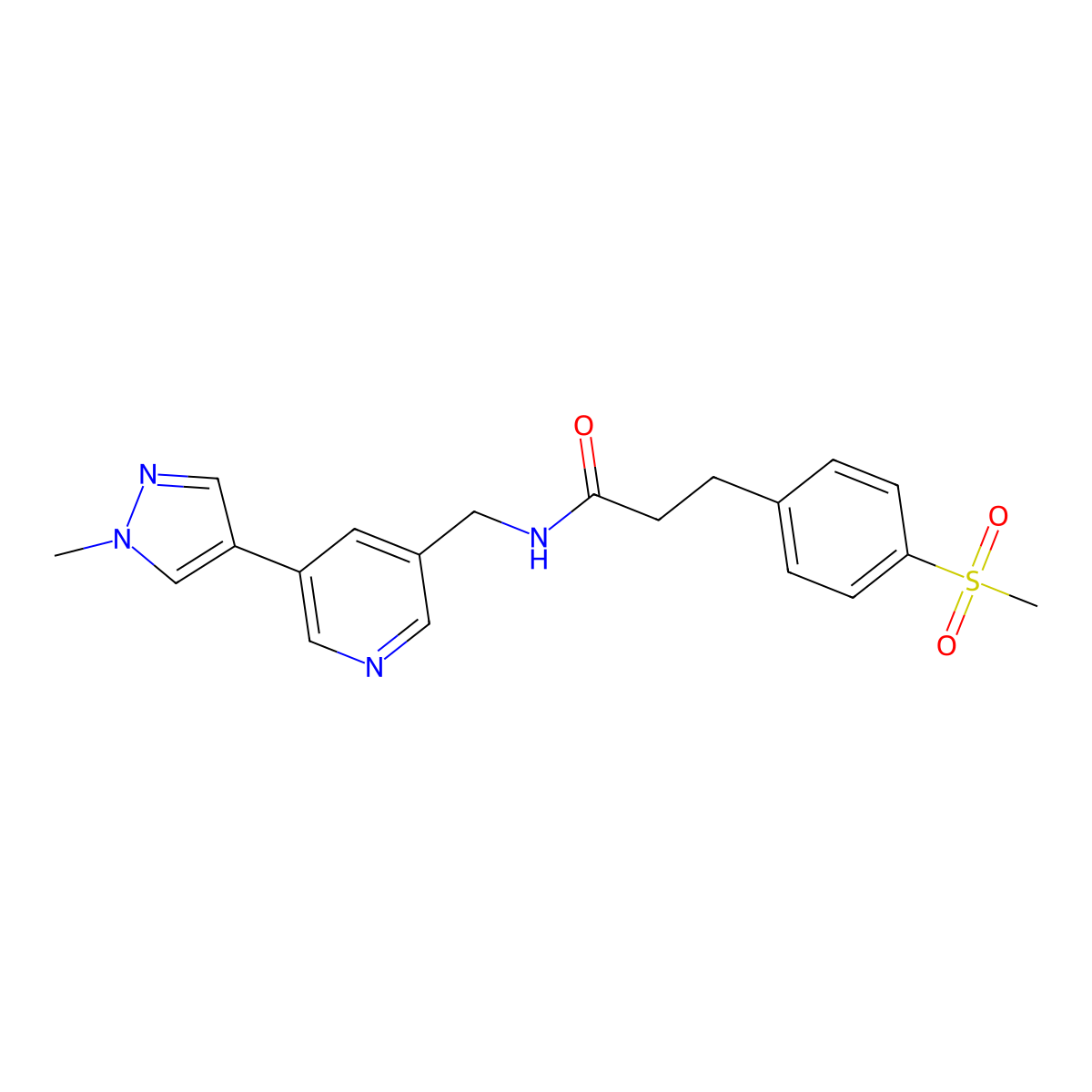 N-((5-(1-methyl-1H-pyrazol-4-yl)pyridin-3-yl)methyl)-3-(4-(methylsulfonyl)phenyl)propanamide molecular structure, CAS 2034382-69-7