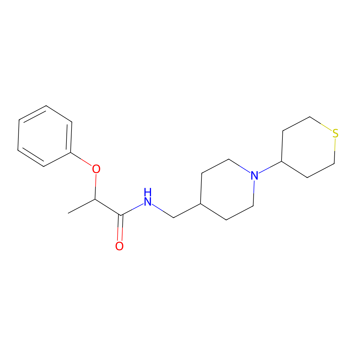 2-phenoxy-N-((1-(tetrahydro-2H-thiopyran-4-yl)piperidin-4-yl)methyl)propanamide molecular structure, CAS 2034382-75-5
