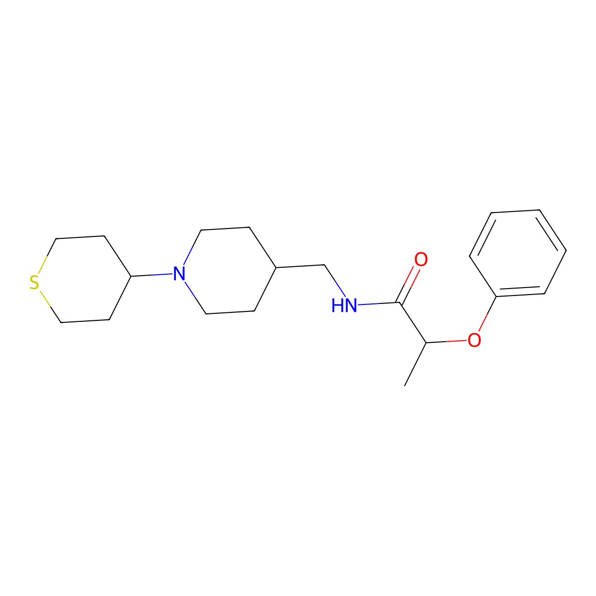 2-phenoxy-N-((1-(tetrahydro-2H-thiopyran-4-yl)piperidin-4-yl)methyl)propanamide molecular structure, CAS 2034382-75-5