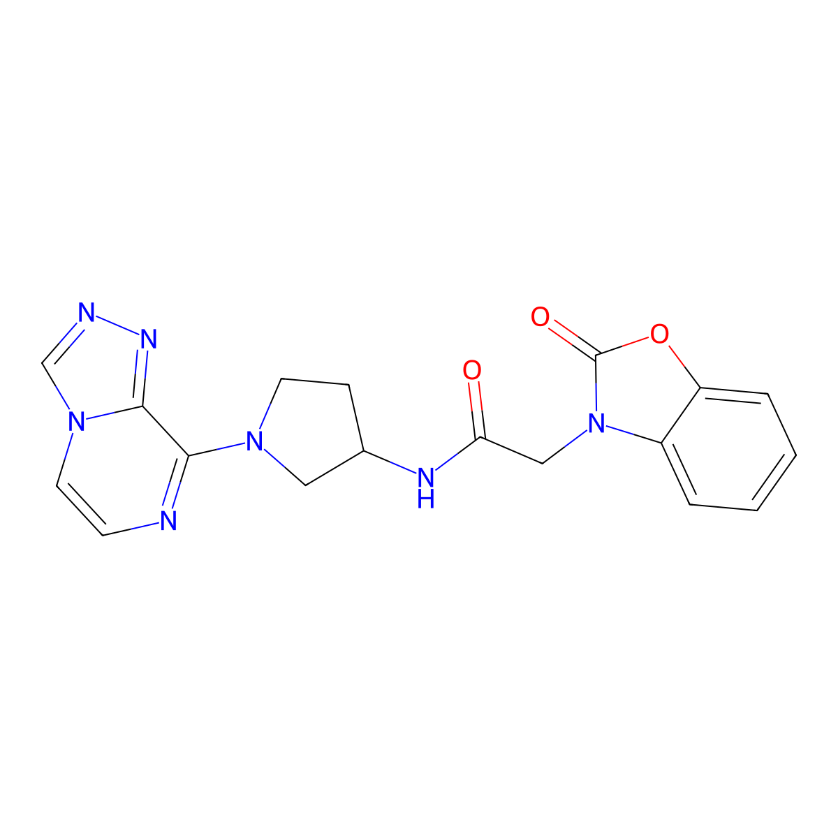 2-(2-oxo-2,3-dihydro-1,3-benzoxazol-3-yl)-N-(1-{[1,2,4]triazolo[4,3-a]pyrazin-8-yl}pyrrolidin-3-yl)acetamide molecular structure, CAS 2034382-78-8